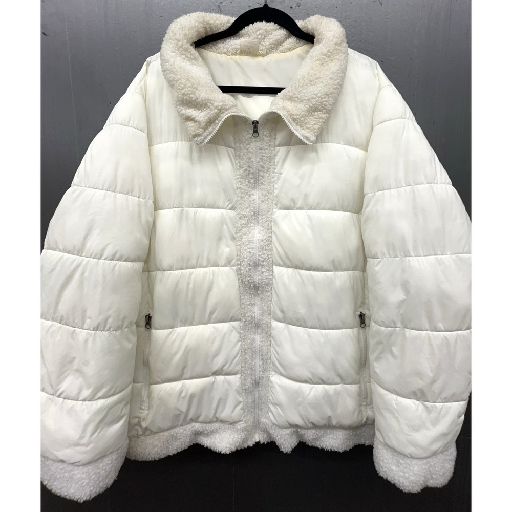 Women Puffer Jacket 3X White Sherpa Trim Zip Pockets Outdoor Winter Coat Preppy